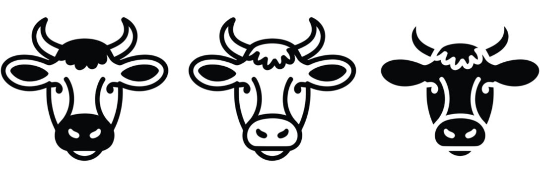 Three black and white cow head icons in different styles and designs for logos or symbols