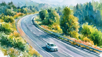 Fototapeta premium 木々が生い茂る郊外の道路を走る車のある風景を描いた、水彩風のやわらかなイラスト、ドライブ、旅行、交通、自然、森林、道路、カーブ、街道、山道、風景、背景、移動、観光、遠出、乗用車、田舎、癒やし、景観、広告、挿絵、ブログ、パンフレット、ストック素材、商用利用、見晴らし、水彩画、手描き、自然風景、ロードトリップ、移動風景、山並み、ガードレール、曲線道路、週末旅、休息、広がり、静けさ、開放感、道のある風景