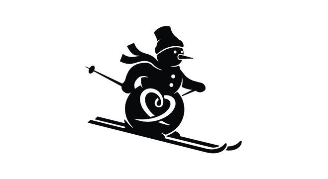 A black silhouette of a snowman wearing a hat and scarf skis downhill with poles, depicting a playful winter sports scene.