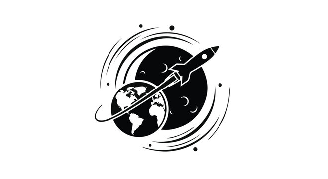 Rocket flying around a planet and moon represents space exploration and technological advancement in a circular design.