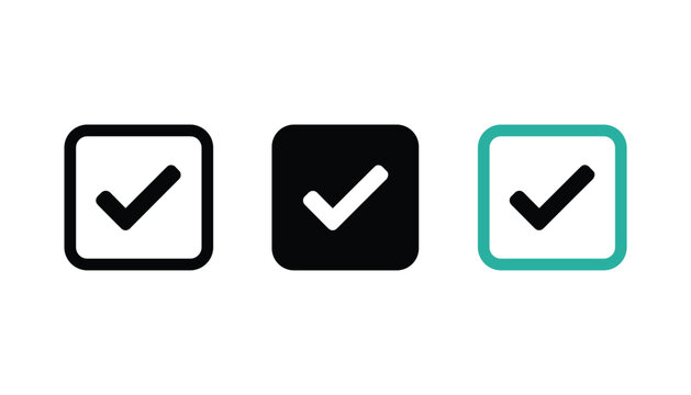 Three checkmark icons in rounded square frames in outline solid black and teal design for task completion and success notification UI elements