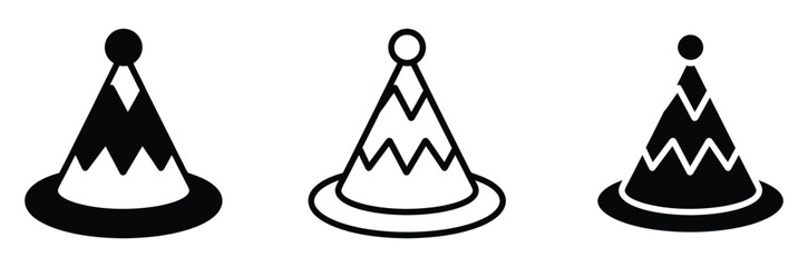 Three black and white wizard hat icons in different styles for magic and fantasy designs © Welcome