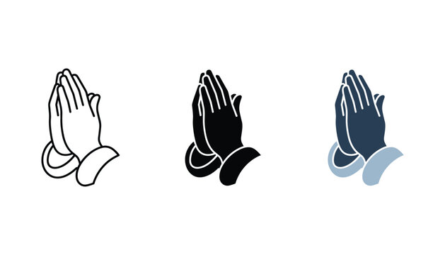 Three praying hands icons depicting religious devotion and spiritual peace in outline and solid styles for community outreach and non-profit design