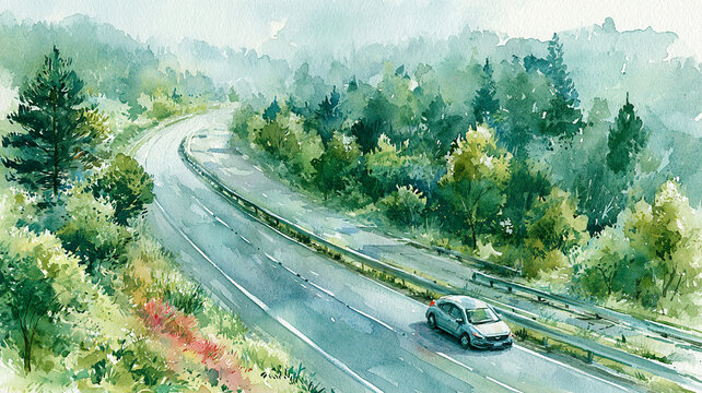 森の景色の中を続く道路と走る自動車を描いた、やさしい印象の水彩風イラスト、ドライブ、旅行、交通、自然、道路、山道、森林、郊外、木々、風景、背景素材、街道、観光、移動、遠景、乗用車、景観、田舎道、休暇、広告、挿絵、ブログ、ストック素材、商用利用、景色、見晴らし、旅情、水彩画、手描き、自然風景、ロードトリップ、移動風景、山並み、ガードレール、曲線道路、週末旅、休息、広がり、静けさ、開放感、道のある風景