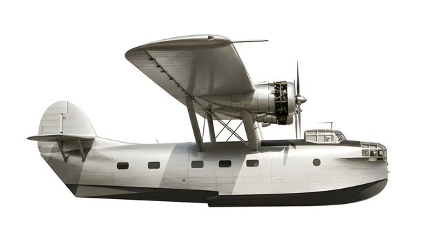 Vintage silver seaplane flying boat on white background