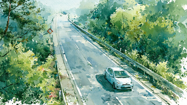 森の景色の中を続く道路と走る自動車を描いた、やさしい印象の水彩風イラスト、ドライブ、旅行、交通、自然、道路、山道、森林、郊外、木々、風景、背景素材、街道、観光、移動、遠景、乗用車、景観、田舎道、休暇、広告、挿絵、ブログ、ストック素材、商用利用、景色、見晴らし、旅情、水彩画、手描き、自然風景、ロードトリップ、移動風景、山並み、ガードレール、曲線道路、週末旅、休息、広がり、静けさ、開放感、道のある風景