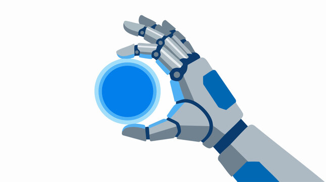Robotic hand holding glowing blue sphere, futuristic cyborg arm with artificial intelligence core, mechanical android hand vector illustration