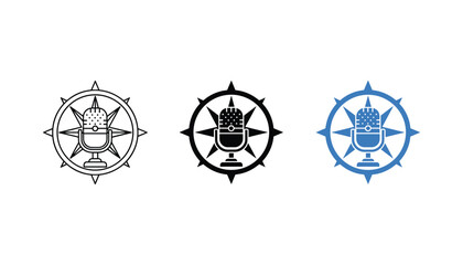 Microphone inside compass icon set featuring three variations including line art silhouette and blue colored design for podcasting and travel audio storytelling themes isolated on white background © TARU STOCKPLC