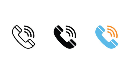 Obraz premium Telephone call icon with sound wave signal indicator set of three variations in linear black and blue color styles for communication technology and contact support interface design isolated on white