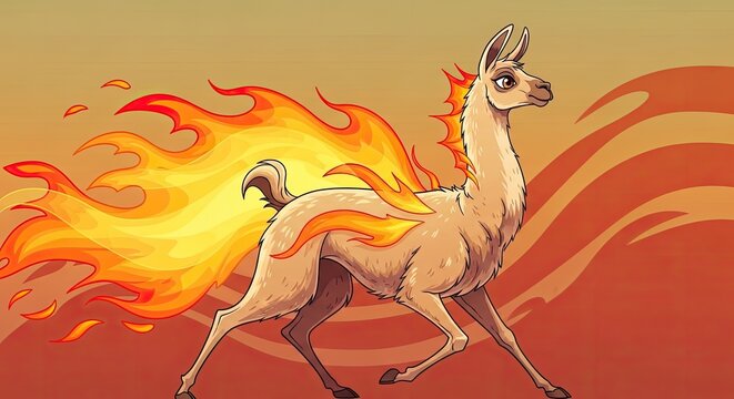 Artistic llama running with flaming tail on orange background