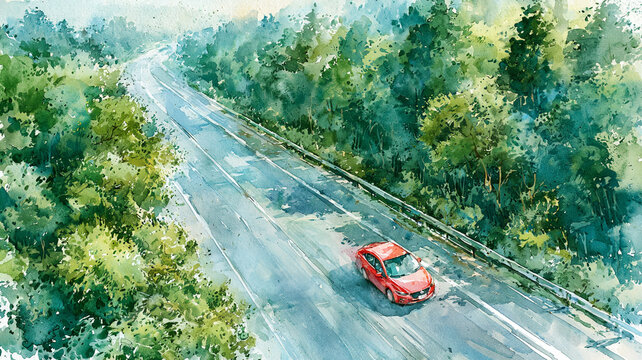 木立に囲まれた街道を走る乗用車のある風景を描いた、やわらかな水彩イラスト、ドライブ、旅行、交通、自然、道路、森林、郊外、カーブ、山道、風景、背景素材、観光、移動、景観、遠景、田舎道、休暇、日常、広告、挿絵、ブログ、パンフレット、ストック素材、商用利用、景色、森林浴、水彩画、手描き、自然風景、ロードトリップ、移動風景、山並み、ガードレール、曲線道路、週末旅、休息、広がり、静けさ、開放感、道のある風景