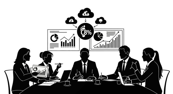 Corporate team silhouette sitting at a conference table discussing carbon footprint data, featuring C8% icon, bar graphs, and line charts on screens for environmental analysis.