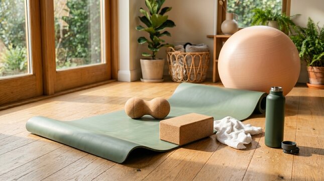 Green yoga mat and cork block arranged on a wooden floor in a plant-filled room bathed in warm morning light for a healthy lifestyle and daily wellness concept