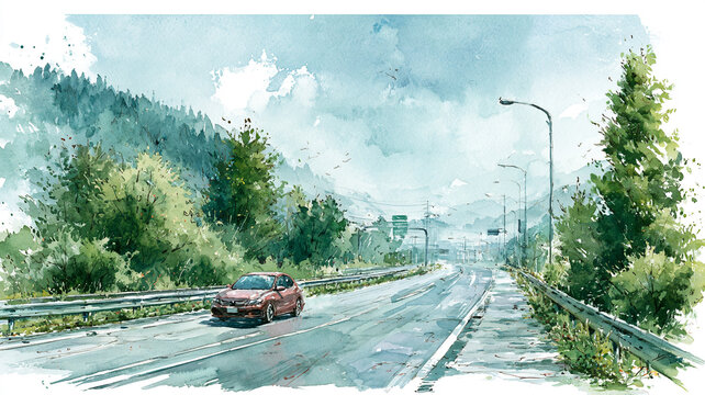 自然に包まれた曲がりくねる道路と走行する自動車を描いた、親しみやすい水彩イラスト、ドライブ、旅行、交通、道路、森林、郊外、木々、風景、背景素材、山道、街道、観光、移動、乗用車、景観、田舎道、遠景、暮らし、広告、挿絵、ブログ、ストック素材、商用利用、景色、旅情、林道、水彩画、手描き、自然風景、ロードトリップ、移動風景、山並み、ガードレール、曲線道路、週末旅、休息、広がり、静けさ、開放感、道のある風景