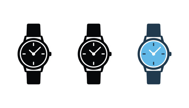 Wrist watch icon set in three distinct styles including outline silhouette and flat color design for minimalist user interface elements and time management applications on white background