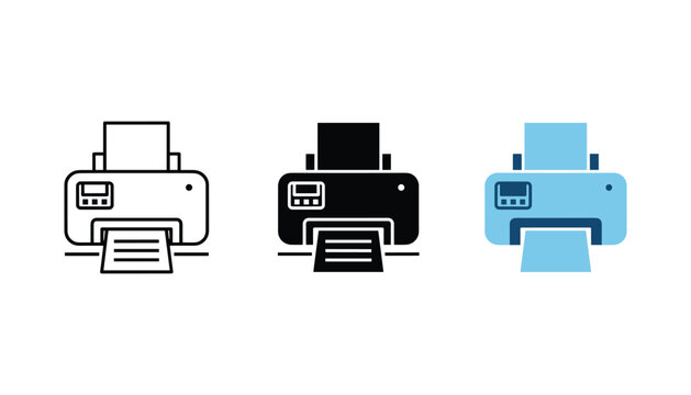 Office printer icon set in line art solid black and flat blue color styles for document management and office equipment business websites on isolated white background