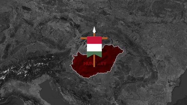 Hungary map outline with flag and medieval banner overlaying grayscale European satellite imagery