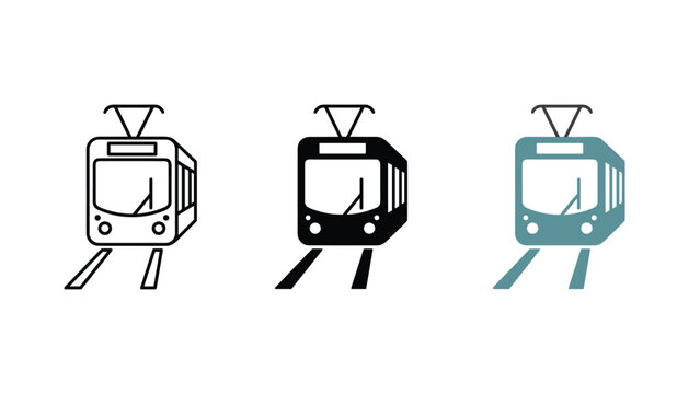 Set of three modern tram or streetcar icons featuring public transportation vehicle in outline silhouette and colored graphic styles for urban transit and city travel concepts isolated on white