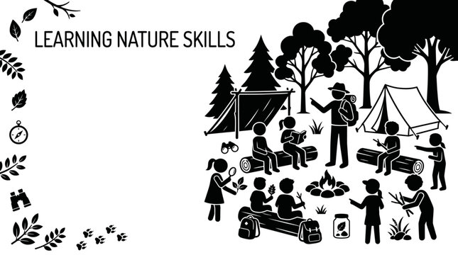 Learning nature skills and camping group activity illustration.