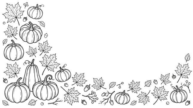Hand drawn pumpkin and autumn leaf border illustration.