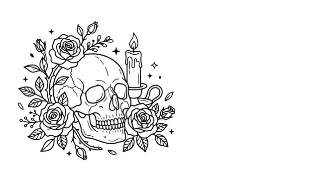 Hand drawn skull with roses and burning candle illustration.