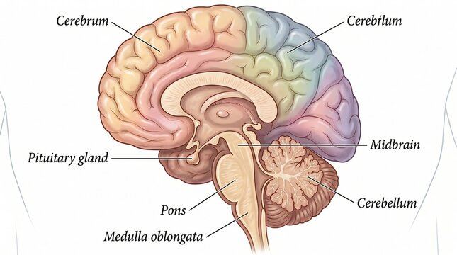 Anatomical Diagram of the Human Brain Sagittal Section with Labels