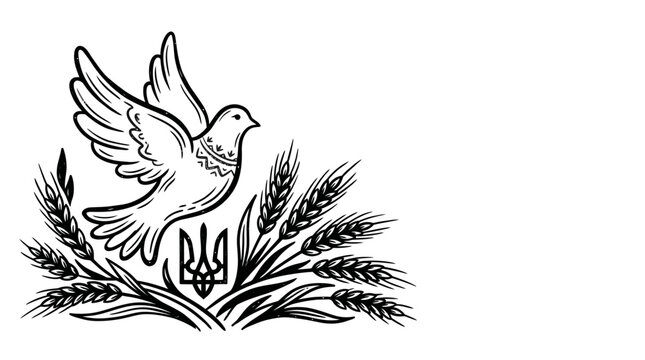 Illustration of a flying peace dove with Ukrainian wheat and trident symbol.