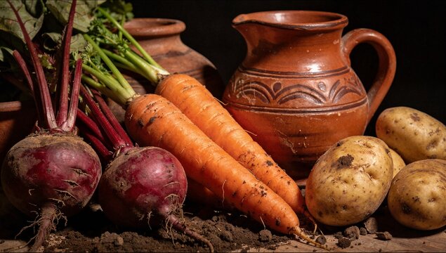 Close up of organic beets carrots and potatoes on dark background ideal for rustic food styling recipe blog and restaurant menu advertising