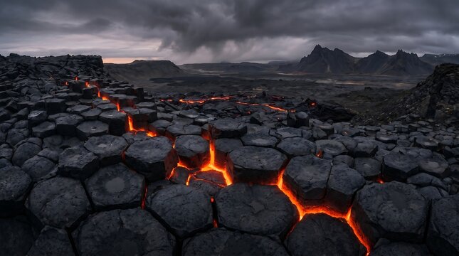 Volcanic landscape with hexagonal basalt and lava flow