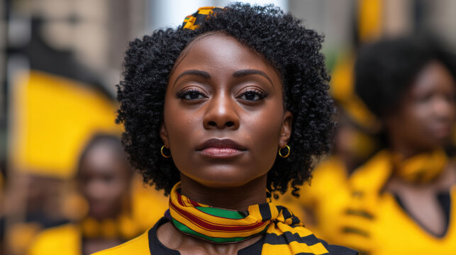 Juneteenth portrait woman afro hair yellow clothing headscarf street