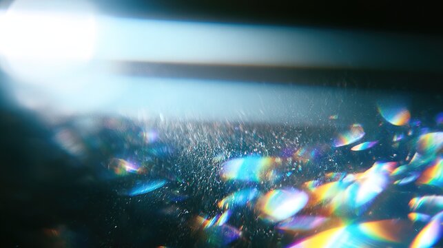 Ethereal blurry close-up abstract backdrop with light refraction and bokeh on dark base, bright white glow upper left fading into horizontal pale blue and grey bands, iridescent rainbow oval