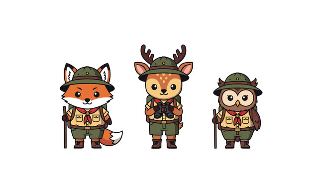 Cute cartoon fox, deer, and owl dressed as scouts with backpacks and walking sticks, isolated on white background.