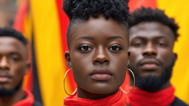 Juneteenth celebration portrait African American woman red scarf hoop earring serious expression with group and colorful flag background