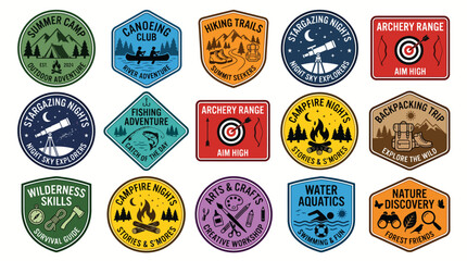 Set of colorful vintage style summer camp adventure badges and emblems. © Nisa