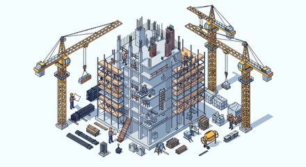 Fototapeta premium Isometric illustration of a modern construction site with building cranes.