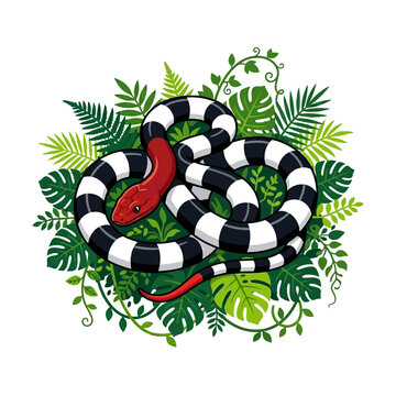 Banded sea krait snake coiled in lush green tropical foliage