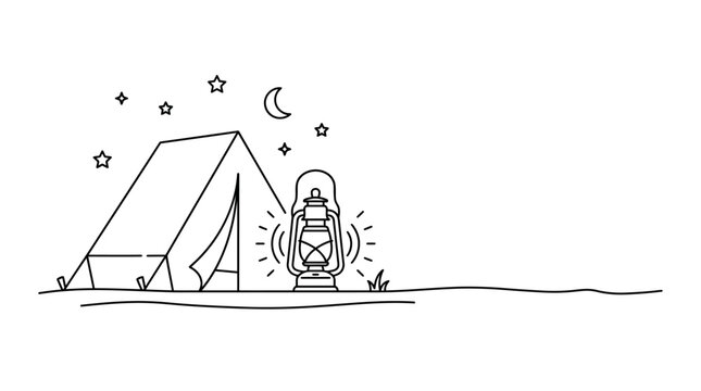 Minimalist hand drawn line art illustration of a camping tent and lantern under a night sky.