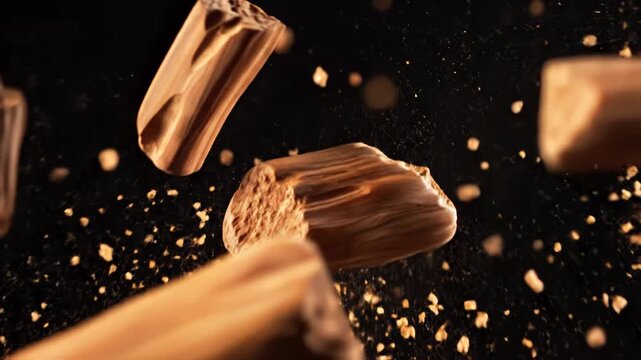 Dynamic Close-Up of Chocolate Bars in Mid-Air with Crumbs