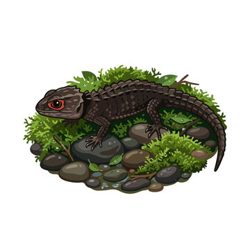 Tuatara Lizard on Rocks with Greenery