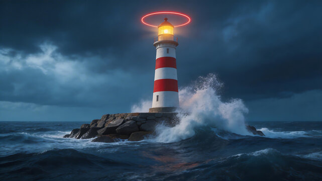 Lighthouse in stormy sea for cinematic landscapes and wilderness exploration