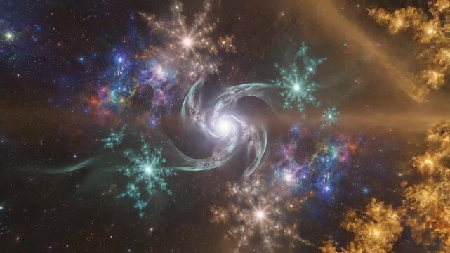 An ethereal nebula with swirling fractal patterns, glowing light particles, and vibrant energy clouds drifting through the vastness of deep space.