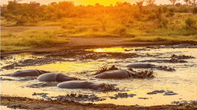 wallowing. Pod of hippos in a muddy watering hole at sunset, golden hour light, serene African landscape. inspiring travel planning.