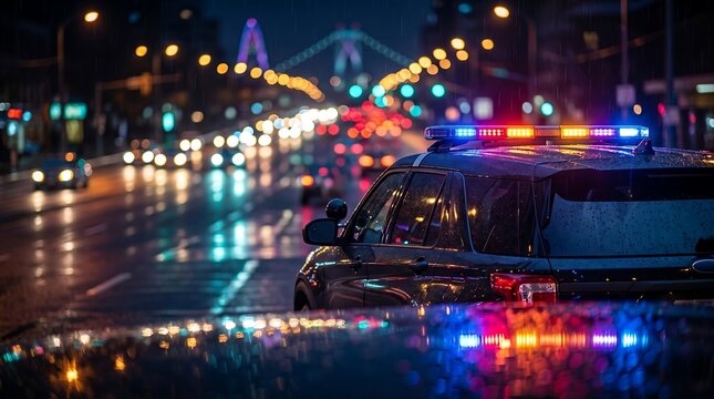 Police SUV vehicle on highway with flashing siren lights at night