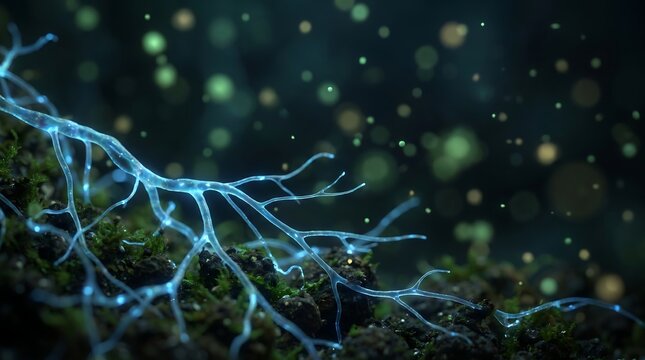 Futuristic glowing plant roots on dark moss background