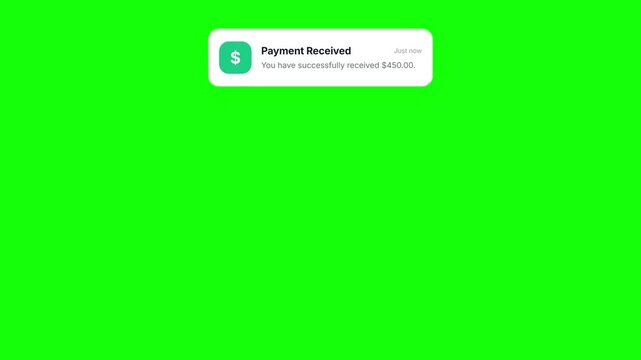 Payment Received Notification on Green Screen for Financial Transactions.
