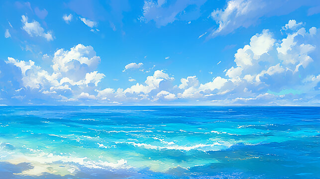 美しい海と空のアニメ水彩画風イラスト　AI生成画像