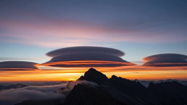 Lenticular clouds hover over a jagged mountain range at sunset