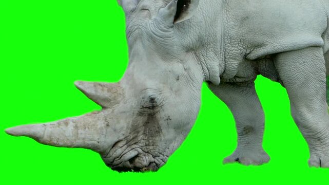 White rhinoceros eating close up on green screen background