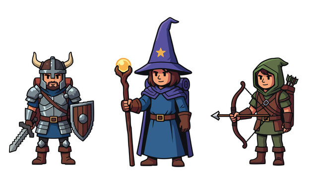 Pixel art characters of a knight, wizard, and archer standing together, isolated on white background.