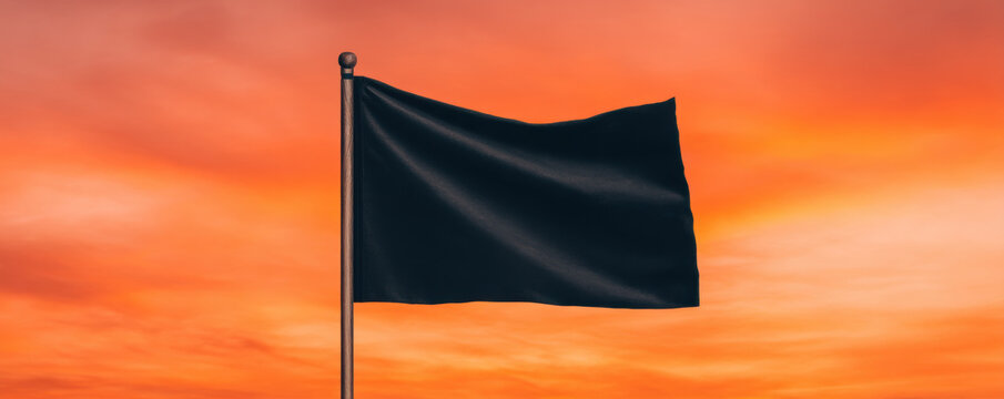 Black flag flagpole sunset orange sky wind juneteenth silhouette banner Black flag flagpole waving wind sunset orange sky for juneteenth memorial